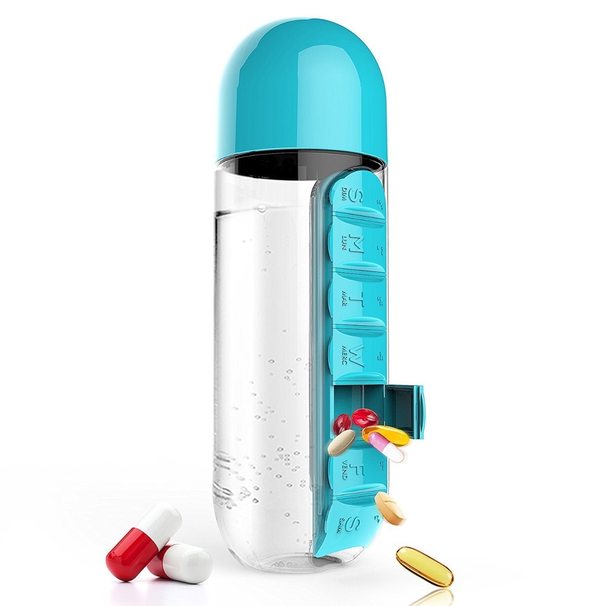 Sticla de apa Pill & Vitamin Water Bottle 600 ml cu distribuitor pentru medicamente